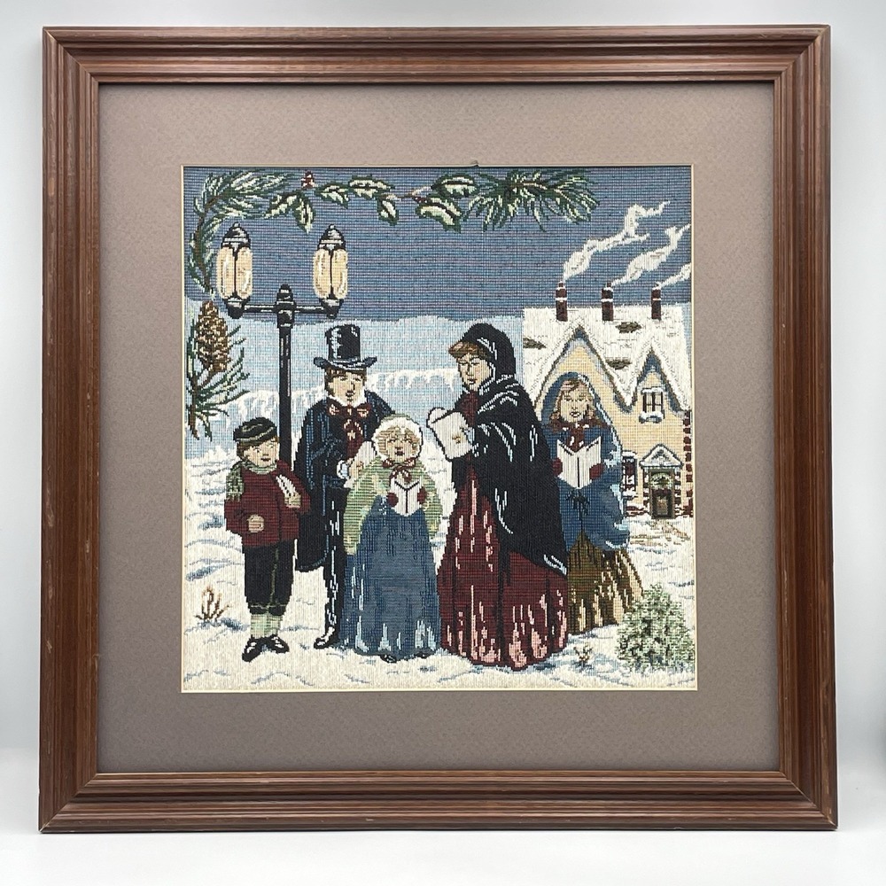 Vintage 1980s Christmas Carolers Needlepoint Framed Wall Art 18x18 Winter